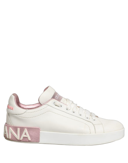 Dolce & Gabbana White Pink Leather Low Top Sneakers Shoes