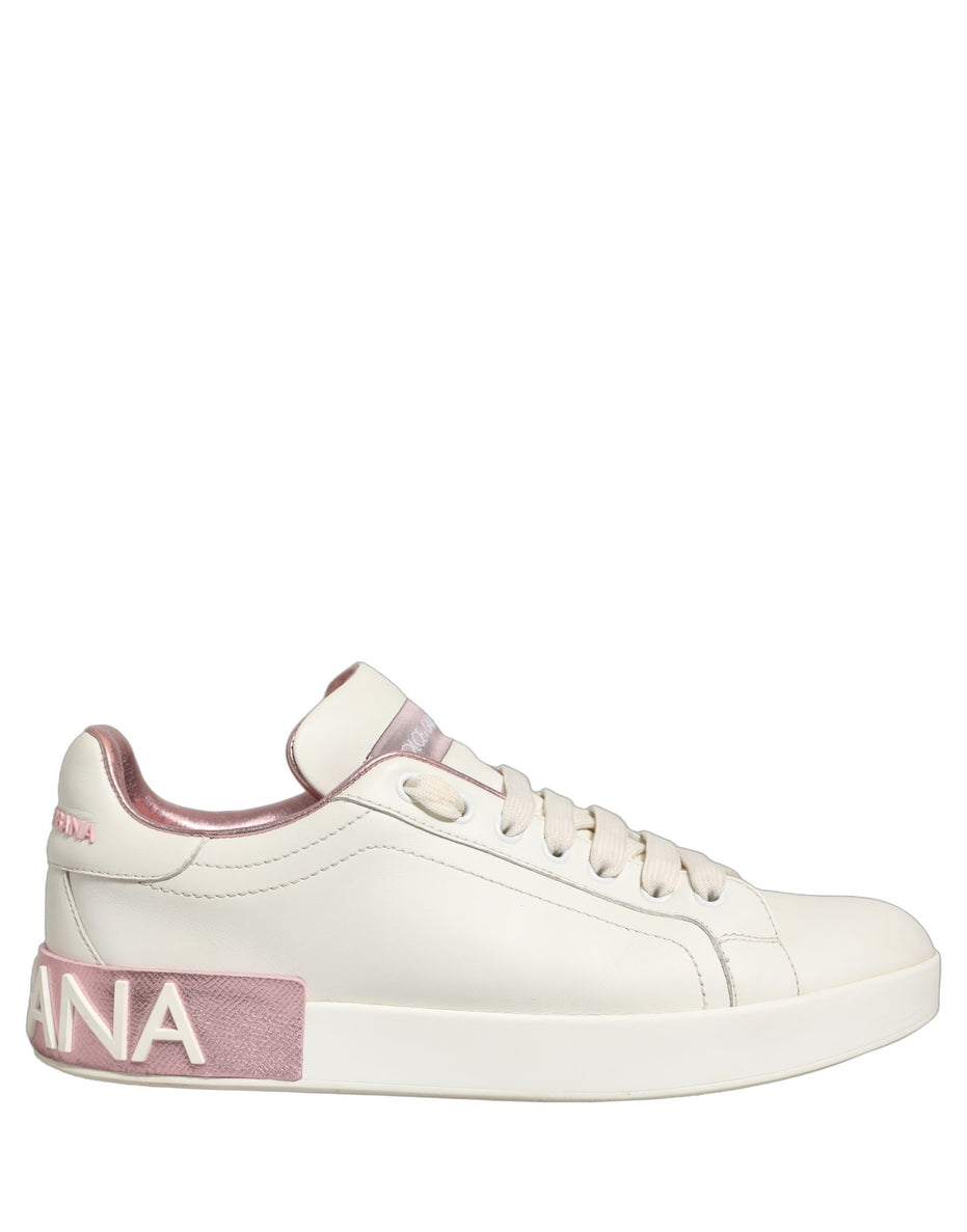 Dolce & Gabbana White Pink Leather Low Top Sneakers Shoes