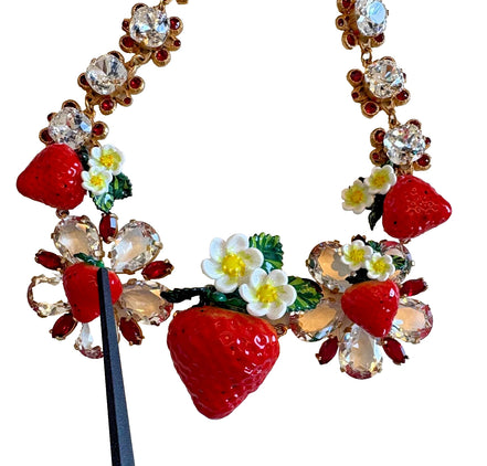 Dolce & Gabbana Gold Brass FRUIT Pendants Flowers Crystal Logo Necklace