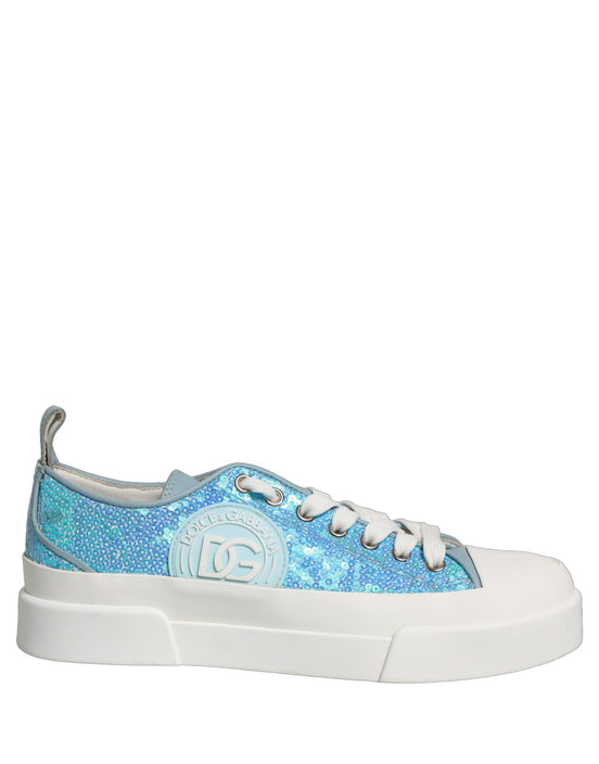 Dolce & Gabbana Blue White Sequin Logo Low Top Sneakers Shoes