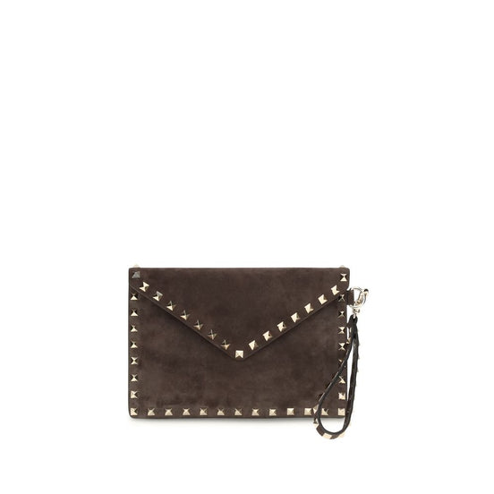Valentino Garavani Medium Brown Suede Rockstud Clutch