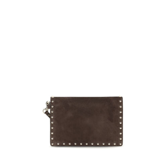 Valentino Garavani Medium Brown Suede Rockstud Clutch