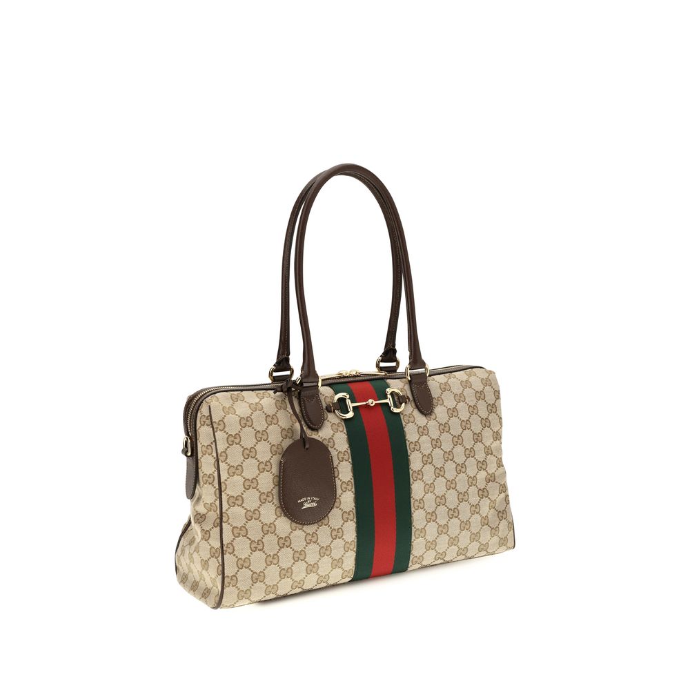 Gucci Horsebit Web Μεγάλη Μπεζ Τσάντα Top-Handle από Καμβά GG