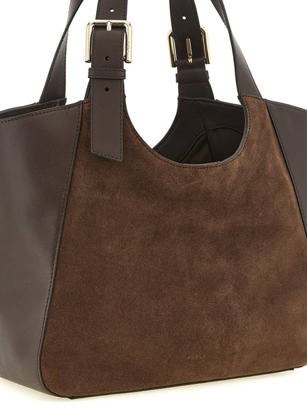 Furla M Καφέ Τσάντα Tote από Σουέτ και Δέρμα