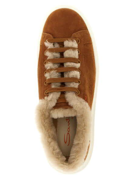 Santoni Brown Goatskin Low Top Sneakers