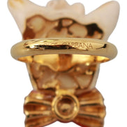 Dolce & Gabbana Gold Brass Resin Beige Dog Pet Branded Accessory Ring