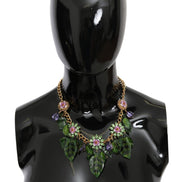 Dolce & Gabbana Green Leaves Gold Brass Crystal Flower Pendant Necklace