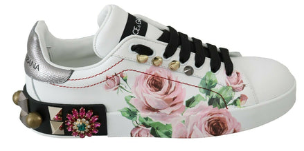 Dolce & Gabbana Λευκά Δερμάτινα Αθλητικά Παπούτσια με Κρυστάλλινα Τριαντάφυλλα Floral