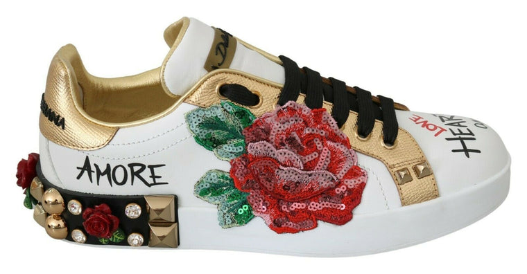 Λευκά γυναικεία αθλητικά παπούτσια Dolce & Gabbana Roses με παγιέτες και κρύσταλλα