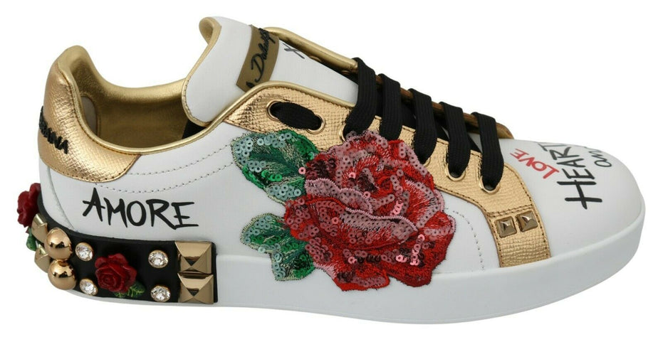 Dolce & Gabbana Γυναικεία Αθλητικά Παπούτσια Sneakers με Παγιέτες και Κρύσταλλα Λευκά Τριαντάφυλλα