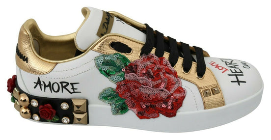 Λευκά γυναικεία αθλητικά παπούτσια Dolce & Gabbana Roses με παγιέτες και κρύσταλλα