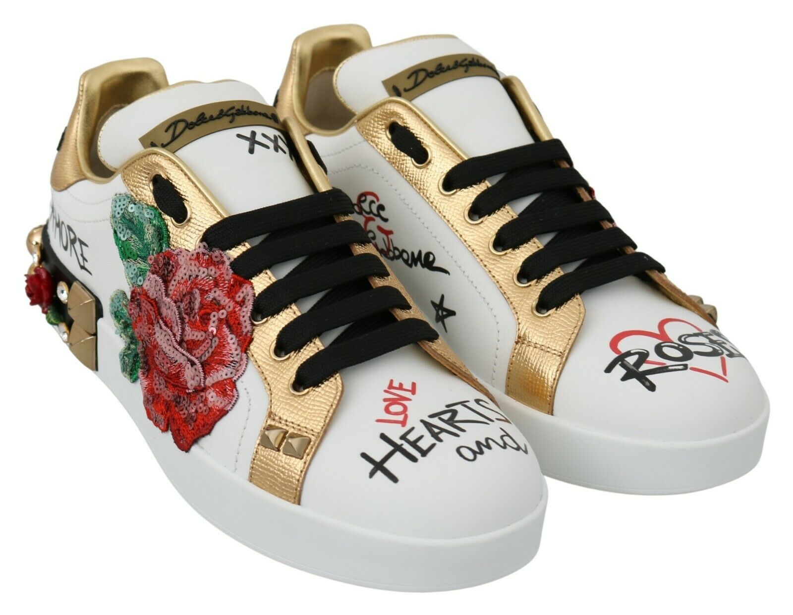 Dolce & Gabbana Γυναικεία Αθλητικά Παπούτσια Sneakers με Παγιέτες και Κρύσταλλα Λευκά Τριαντάφυλλα