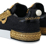 Dolce & Gabbana Black Gold Baroque Portofino Leather Sneakers Shoes