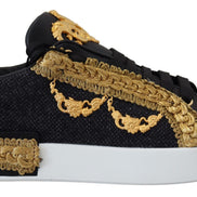 Dolce & Gabbana Black Gold Baroque Portofino Leather Sneakers Shoes