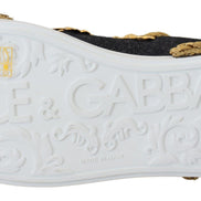 Dolce & Gabbana Black Gold Baroque Portofino Leather Sneakers Shoes