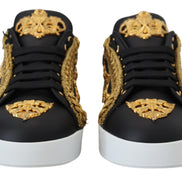 Dolce & Gabbana Black Gold Baroque Portofino Leather Sneakers Shoes