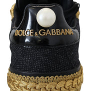 Dolce & Gabbana Black Gold Baroque Portofino Leather Sneakers Shoes