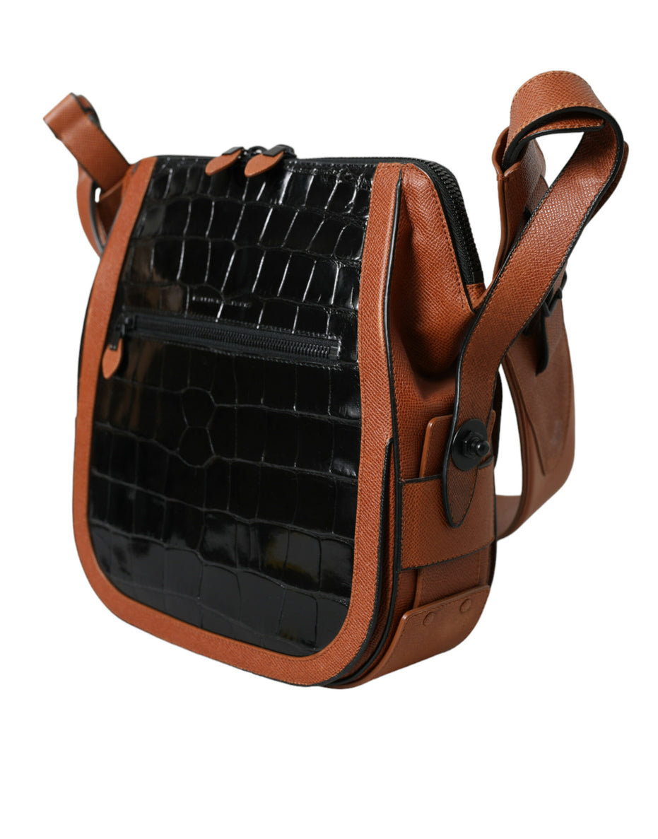 Balenciaga Black Brown Exotic Skin Leather Vertical Crossbody Purse Bag