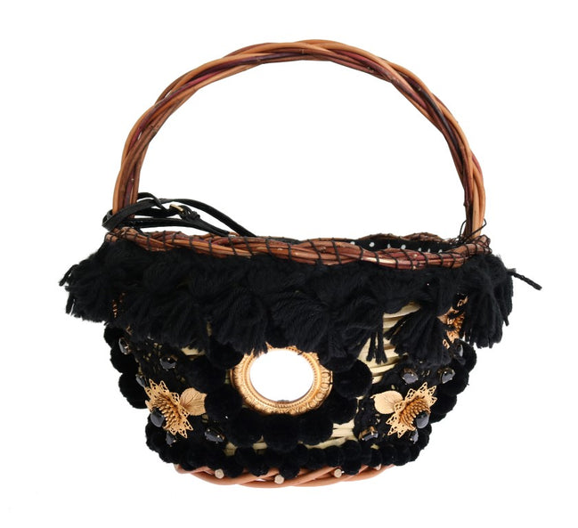 Dolce & Gabbana Μπεζ Ψάθινη Τσάντα AGNESE από δέρμα φιδιού με φούντες και κρύσταλλα