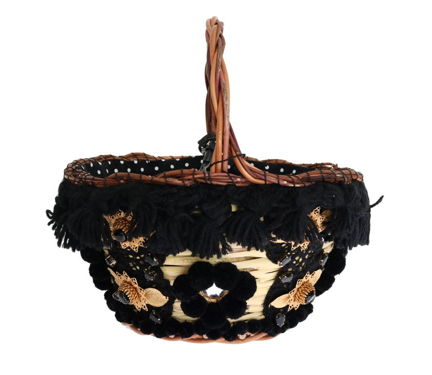 Dolce & Gabbana Μπεζ Ψάθινη Τσάντα AGNESE από δέρμα φιδιού με φούντες και κρύσταλλα