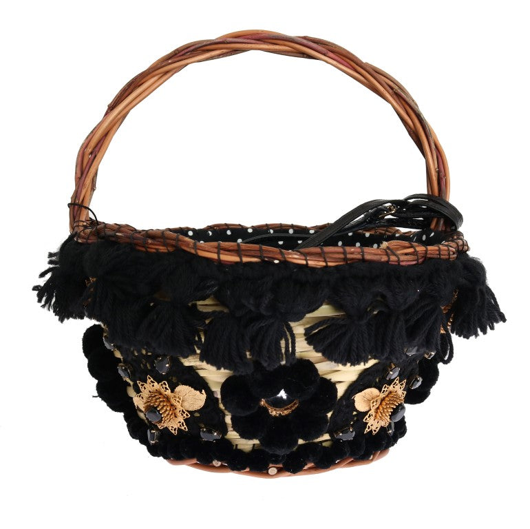 Dolce & Gabbana Μπεζ Ψάθινη Τσάντα AGNESE από δέρμα φιδιού με φούντες και κρύσταλλα