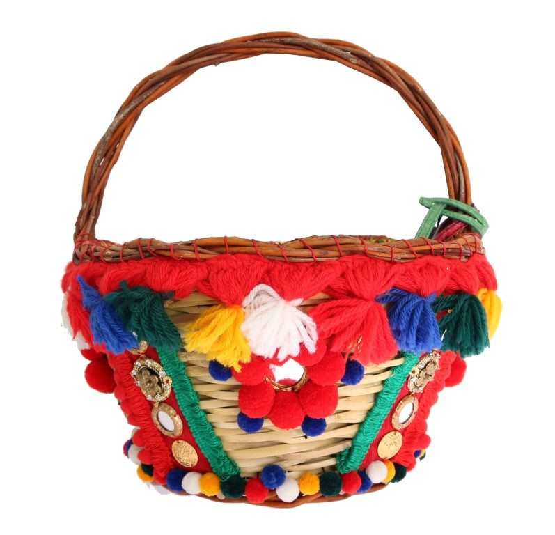 Dolce & Gabbana Πολύχρωμη Τσάντα AGNESE από Ψάθα με Κρύσταλλα και Πομ Πομ