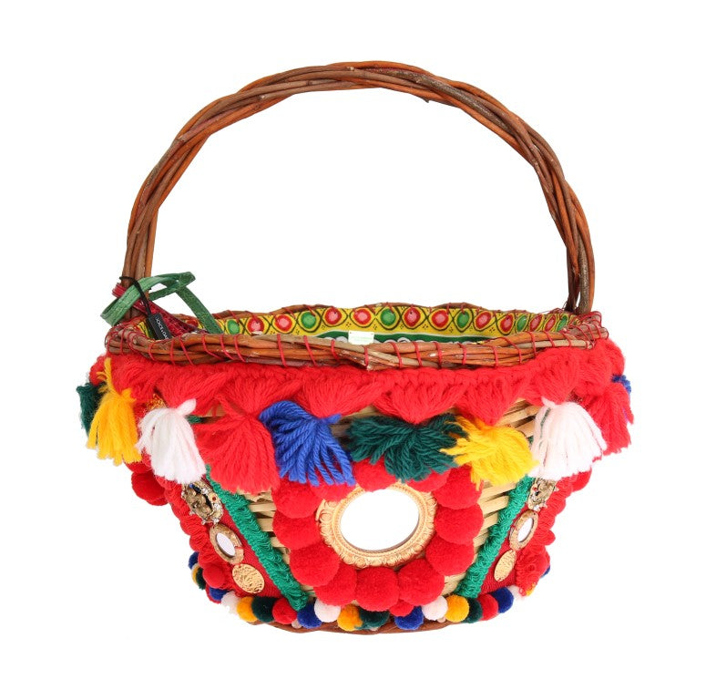 Dolce & Gabbana Πολύχρωμη Τσάντα AGNESE από Ψάθα με Κρύσταλλα και Πομ Πομ