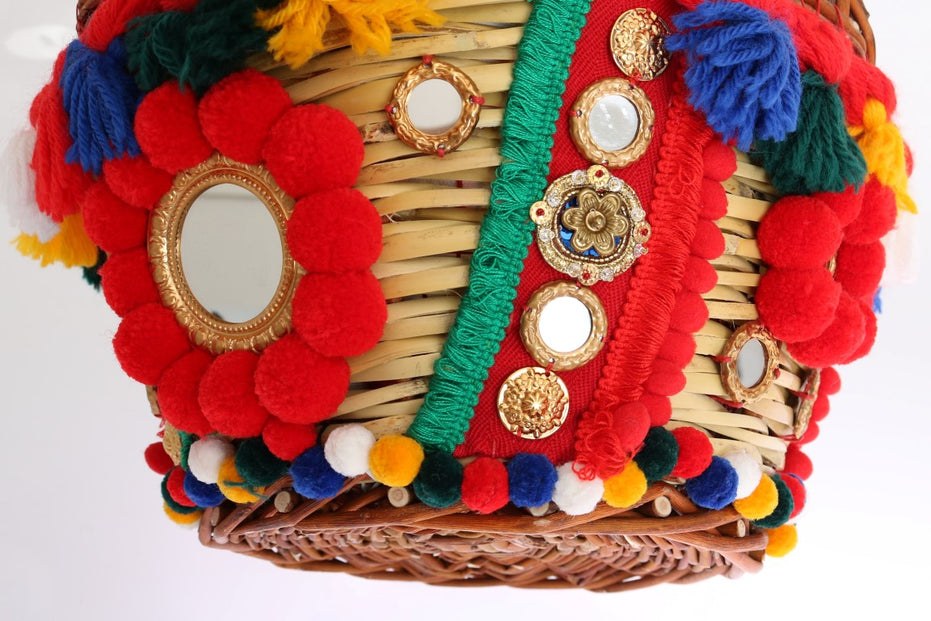 Dolce & Gabbana Πολύχρωμη Τσάντα AGNESE από Ψάθα με Κρύσταλλα και Πομ Πομ