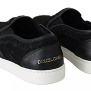 Dolce & Gabbana Black Lace Leather Logo Flat Slip-On Sneakers