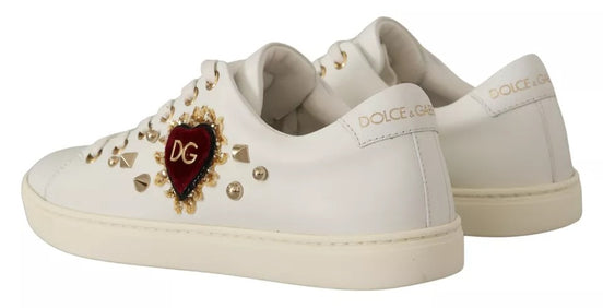 Dolce & Gabbana Λευκά Sneakers από Δέρμα με Χρυσή και Κόκκινη Καρδιά