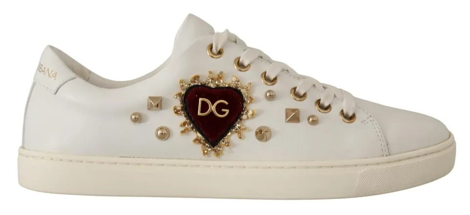 Dolce & Gabbana Λευκά Δερμάτινα Χρυσά Κόκκινη Καρδιά Αθλητικά Παπούτσια