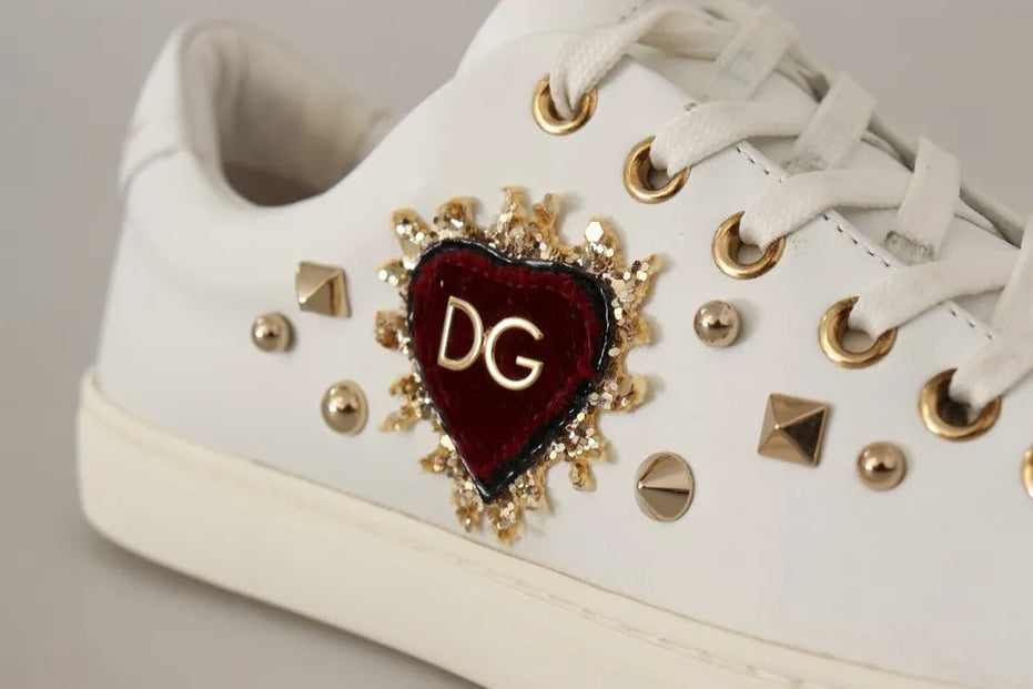 Dolce & Gabbana Λευκά Δερμάτινα Χρυσά Κόκκινη Καρδιά Αθλητικά Παπούτσια