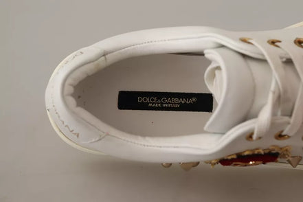 Dolce & Gabbana White Leather Gold Red Heart Sneakers Shoes