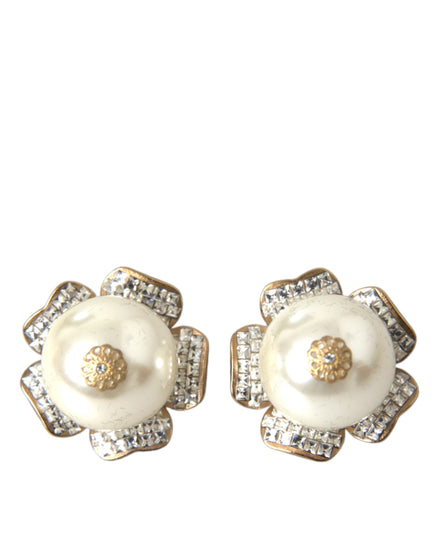 Dolce & Gabbana Χρυσότονα Μακριά Ψεύτικα Μαργαριταρένια Λουλουδάτα Σκουλαρίκια-Κλιπ