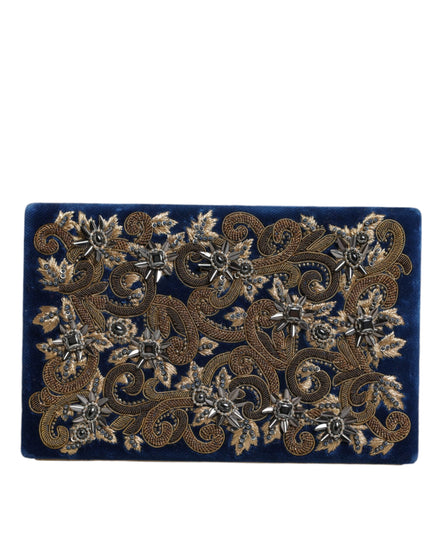 Dolce & Gabbana Μπλε Βελούδινο Πορτοφόλι-Τσαντάκι Βραδινό με Χρυσό Πλαίσιο