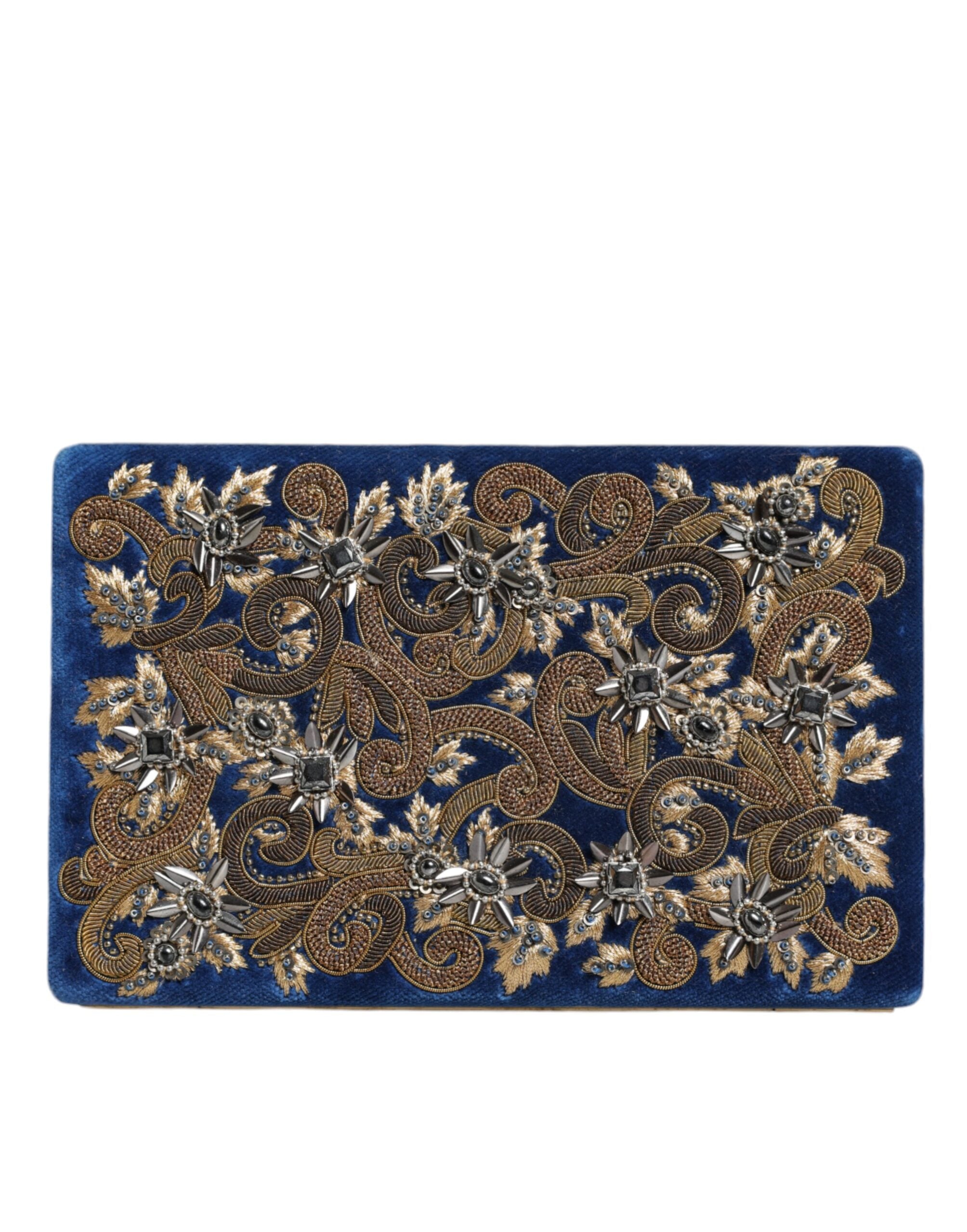 Dolce & Gabbana Μπλε Βελούδινο Πορτοφόλι-Τσαντάκι Βραδινό με Χρυσό Πλαίσιο