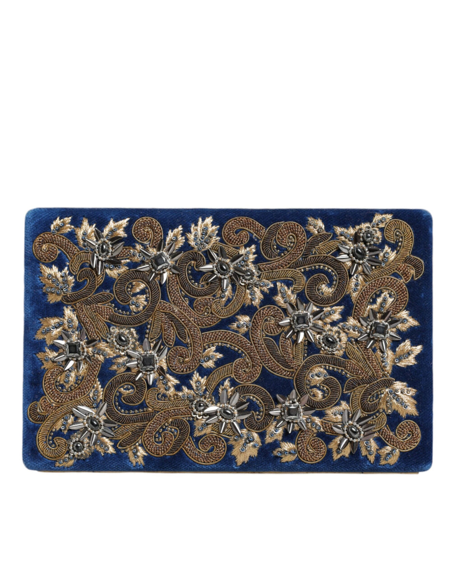 Dolce & Gabbana Μπλε Βελούδινο Πορτοφόλι-Τσαντάκι Βραδινό με Χρυσό Πλαίσιο