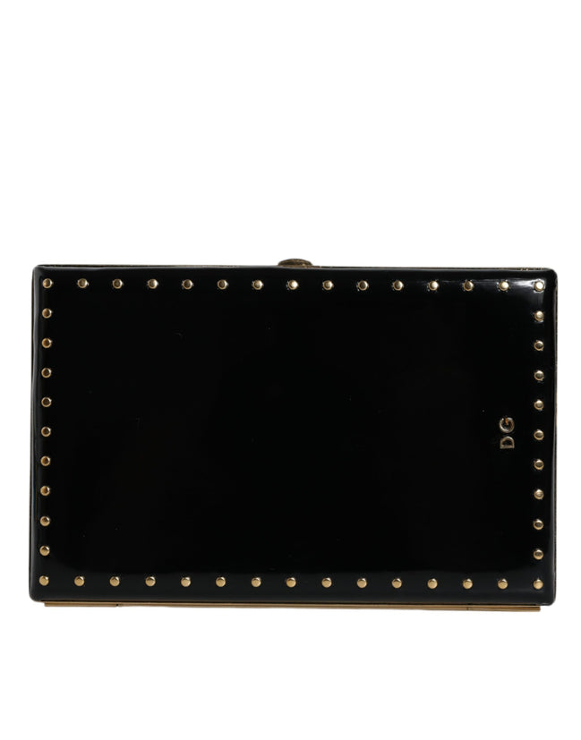 Dolce & Gabbana Μαύρο Δερμάτινο Τσαντάκι Βραδινό Clutch με Καρφιά και Χρυσό Πλαίσιο