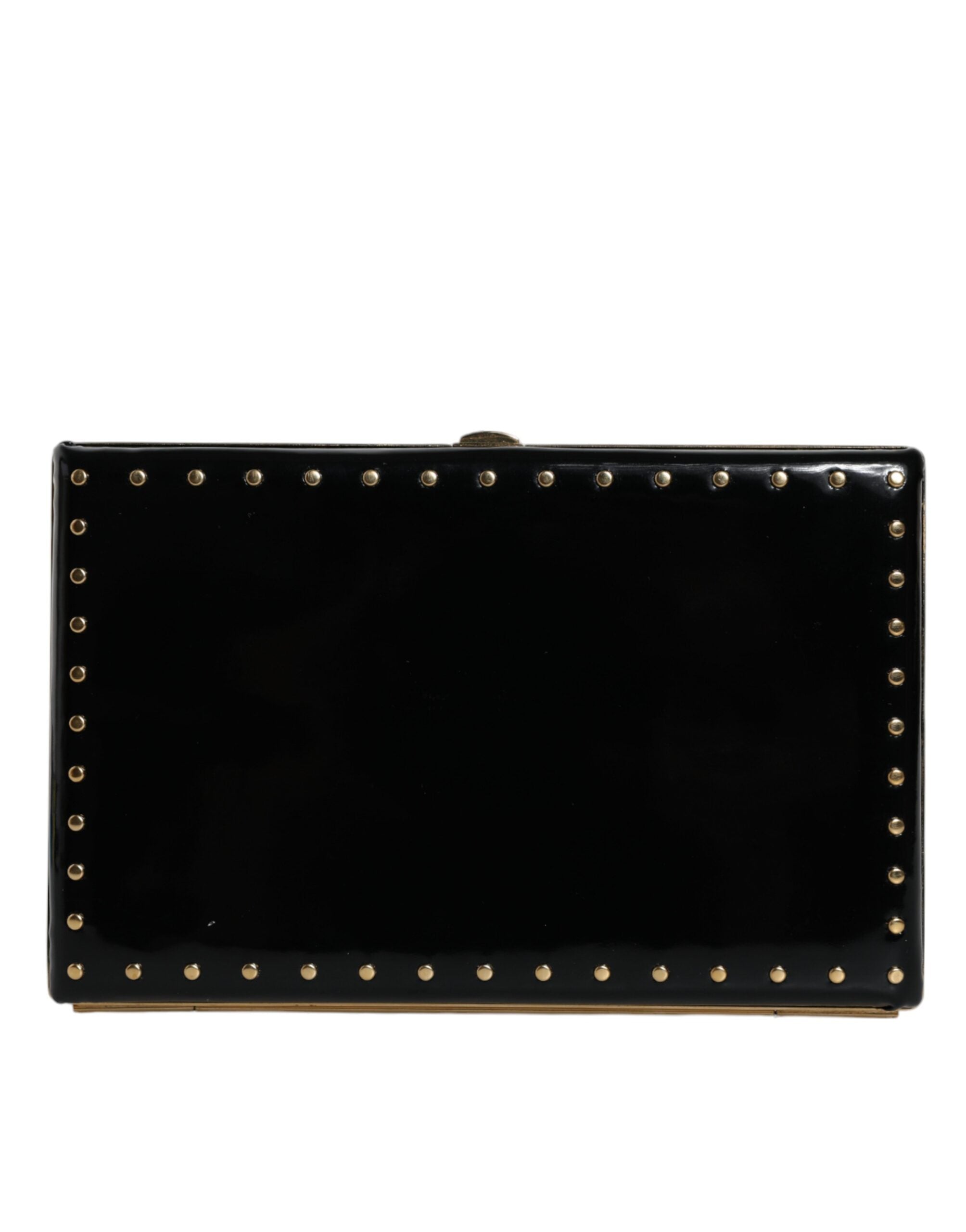 Dolce & Gabbana Μαύρο Δερμάτινο Τσαντάκι Βραδινό Clutch με Καρφιά και Χρυσό Πλαίσιο