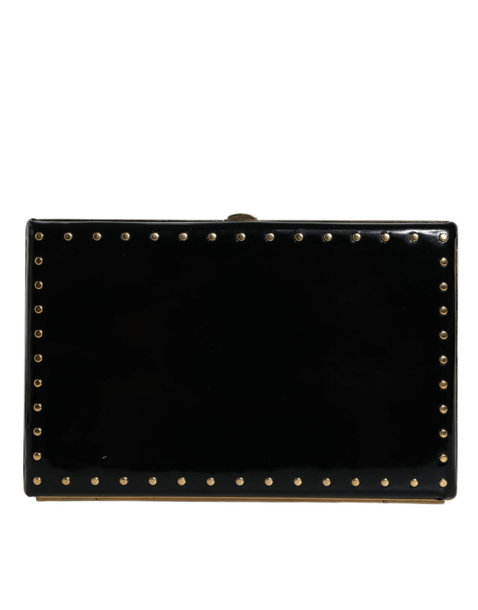 Dolce & Gabbana Μαύρο Δερμάτινο Τσαντάκι Βραδινό Clutch με Καρφιά και Χρυσό Πλαίσιο