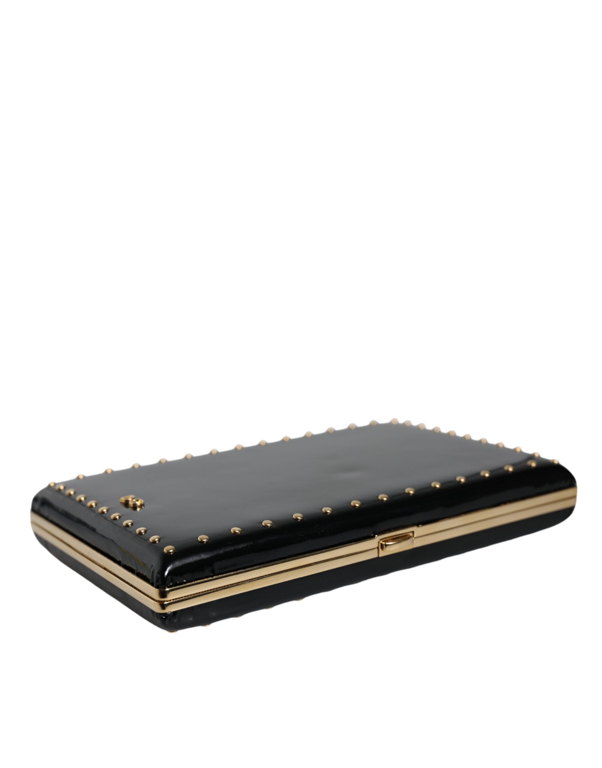 Dolce & Gabbana Μαύρο Δερμάτινο Τσαντάκι Βραδινό Clutch με Καρφιά και Χρυσό Πλαίσιο