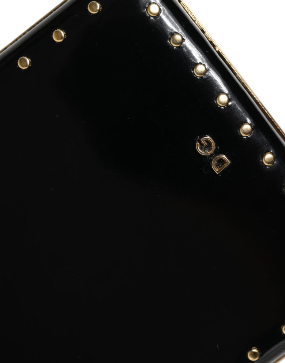 Dolce & Gabbana Μαύρο Δερμάτινο Τσαντάκι Βραδινό Clutch με Καρφιά και Χρυσό Πλαίσιο
