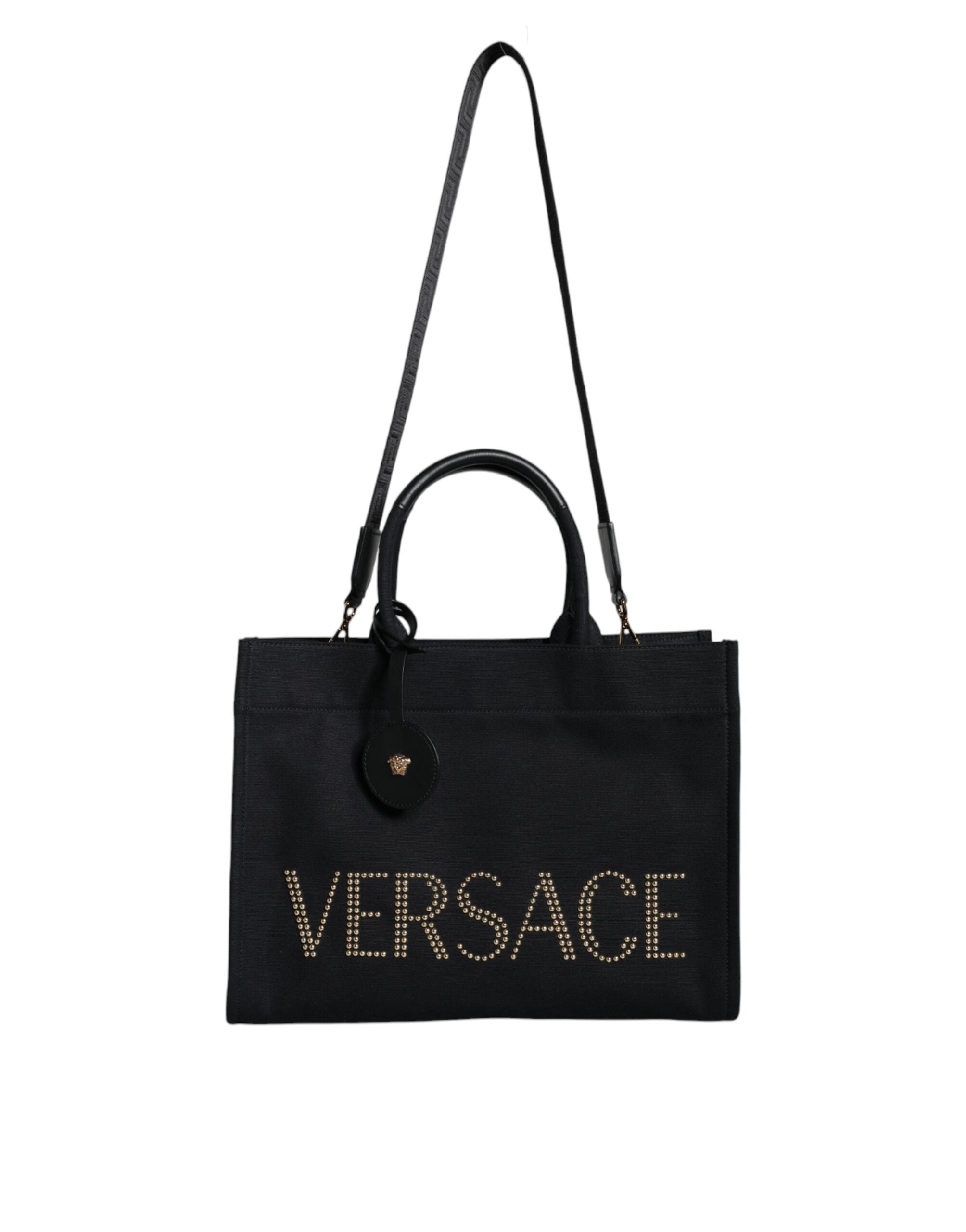 Τσάντα Versace Μαύρη Tote Χιαστί με Λαβή, από Καμβά και Δέρμα, με Λογότυπο