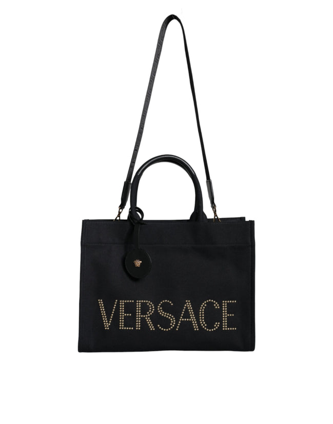 Τσάντα Versace Μαύρη Tote Χιαστί με Λαβή, από Καμβά και Δέρμα, με Λογότυπο