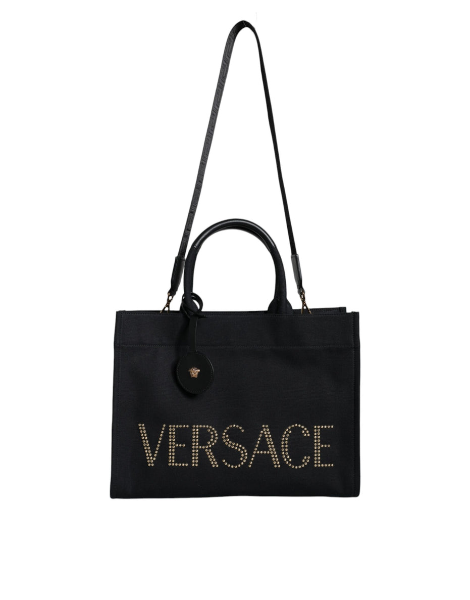 Τσάντα Versace Μαύρη Tote Χιαστί με Λαβή, από Καμβά και Δέρμα, με Λογότυπο