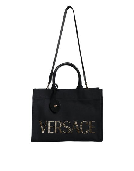 Τσάντα Versace Μαύρη Tote Χιαστί με Λαβή, από Καμβά και Δέρμα, με Λογότυπο