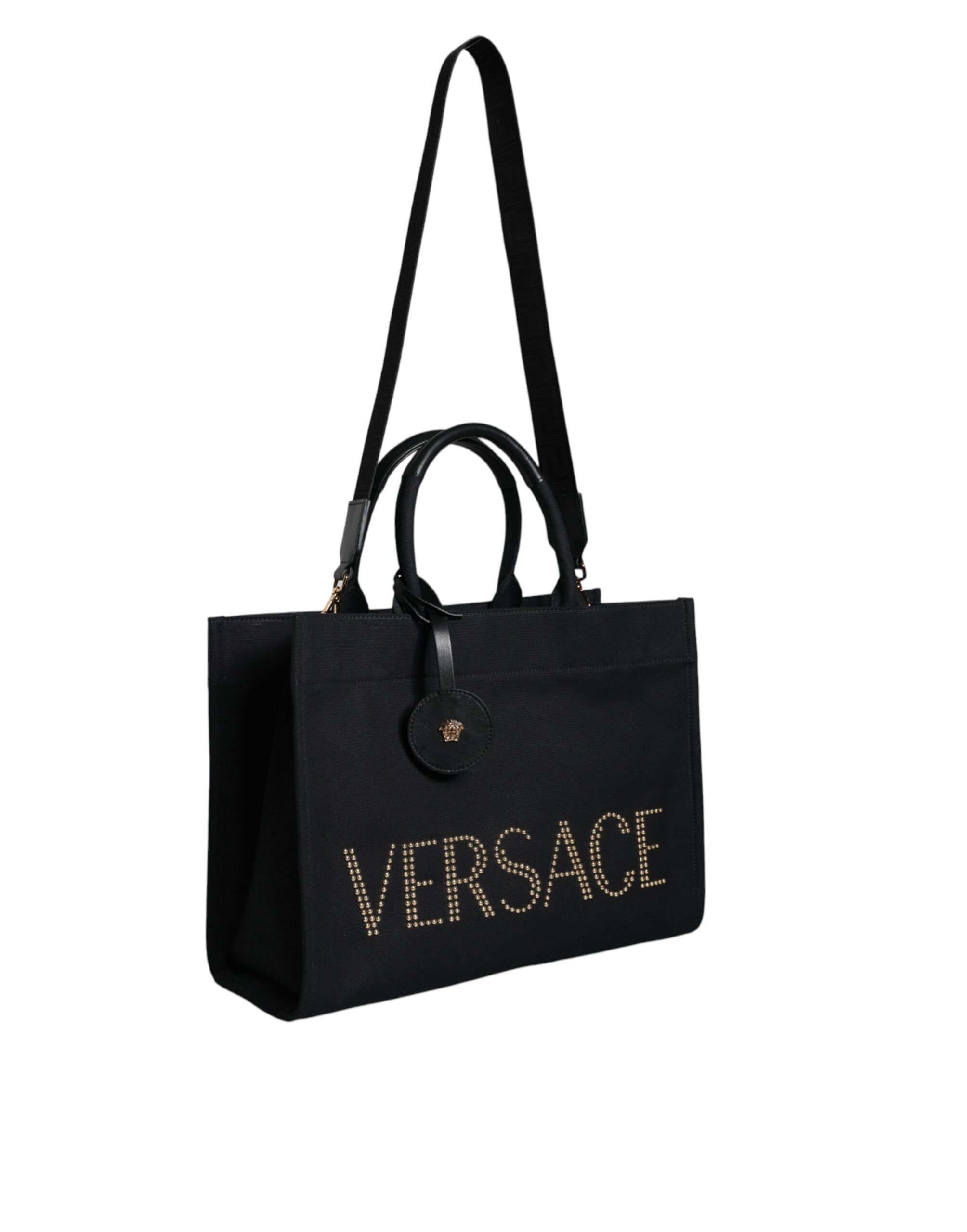 Τσάντα Versace Μαύρη Tote Χιαστί με Λαβή, από Καμβά και Δέρμα, με Λογότυπο