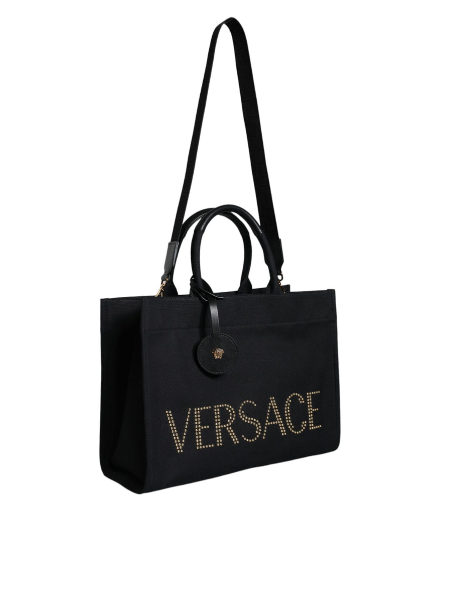 Τσάντα Versace Μαύρη Tote Χιαστί με Λαβή, από Καμβά και Δέρμα, με Λογότυπο