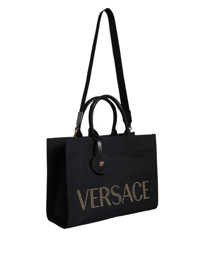 Τσάντα Versace Μαύρη Tote Χιαστί με Λαβή, από Καμβά και Δέρμα, με Λογότυπο