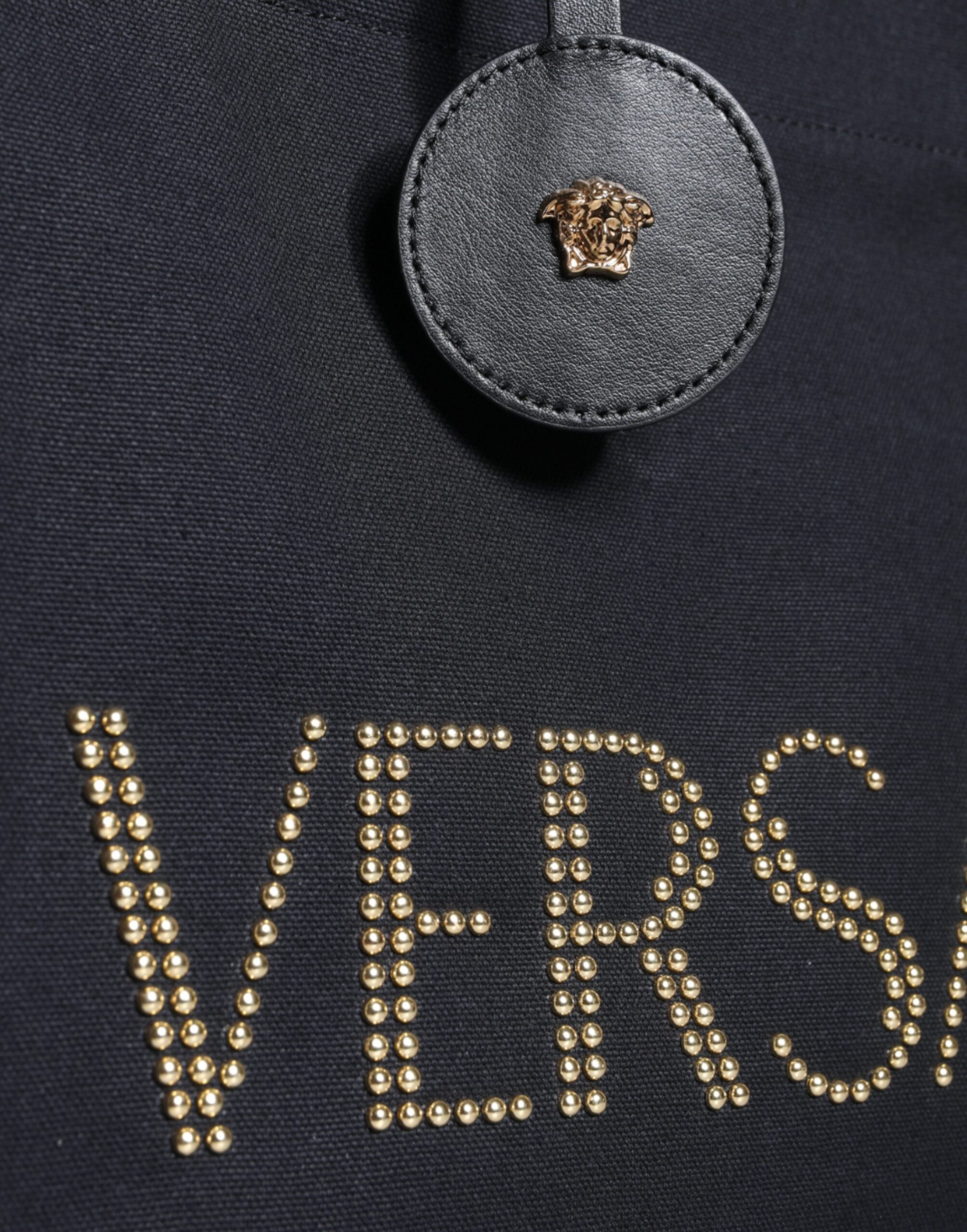 Τσάντα Versace Μαύρη Tote Χιαστί με Λαβή, από Καμβά και Δέρμα, με Λογότυπο